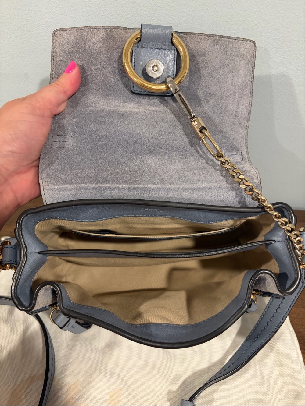 Chloé Faye Small Leather Crossbody in Dusty Blue - Picture 13 of 14